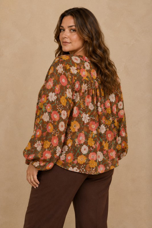 Plus Size Floral Boho Balloon-Sleeve Top