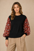 Ribbed-Knit Top with Chiffon Print Sleeves
