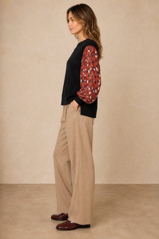Ribbed-Knit Top with Chiffon Print Sleeves