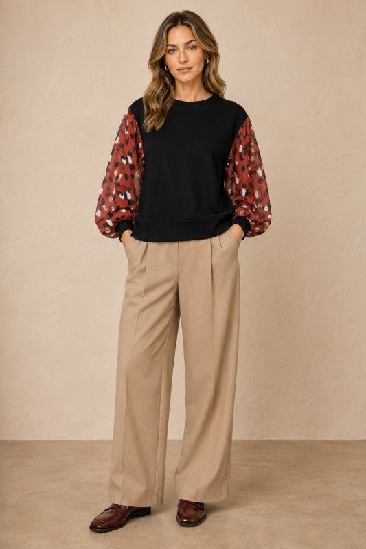 Ribbed-Knit Top with Chiffon Print Sleeves