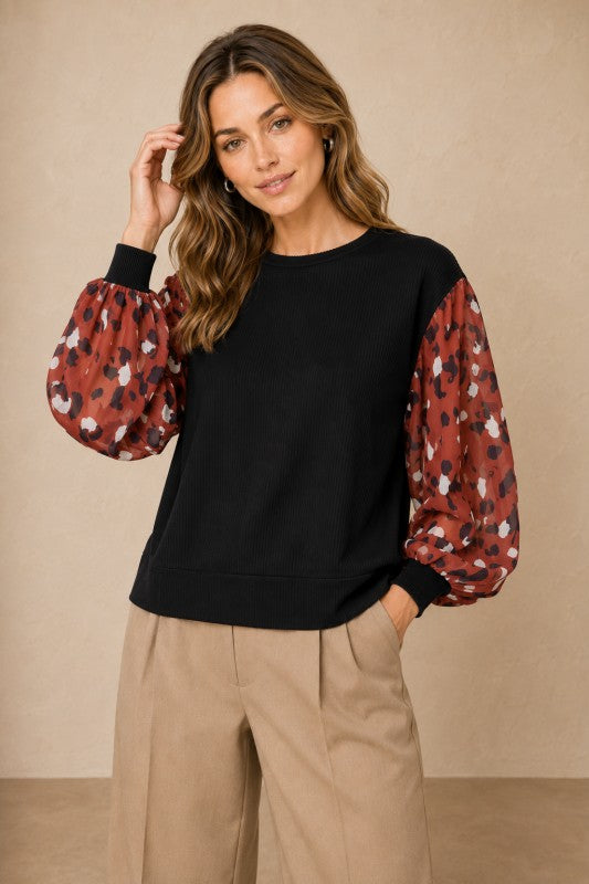 Ribbed-Knit Top with Chiffon Print Sleeves