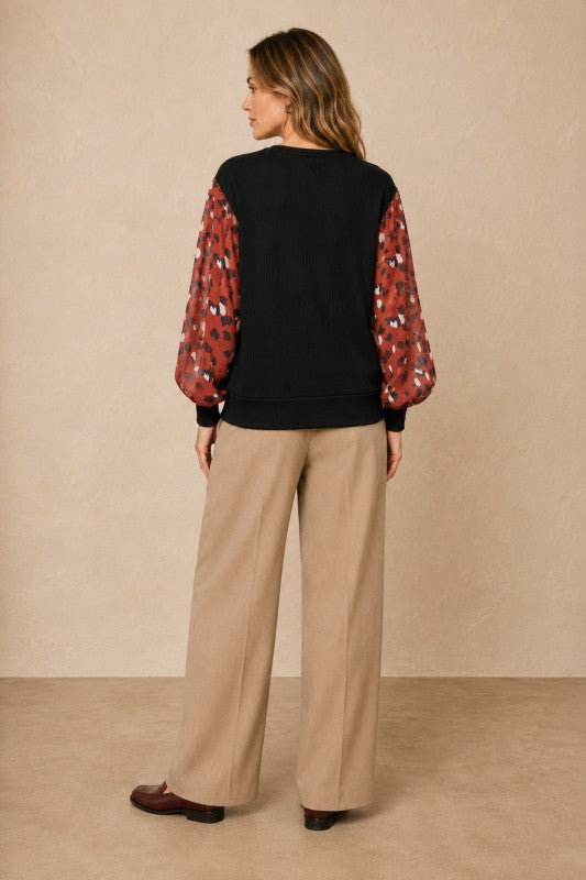 Ribbed-Knit Top with Chiffon Print Sleeves