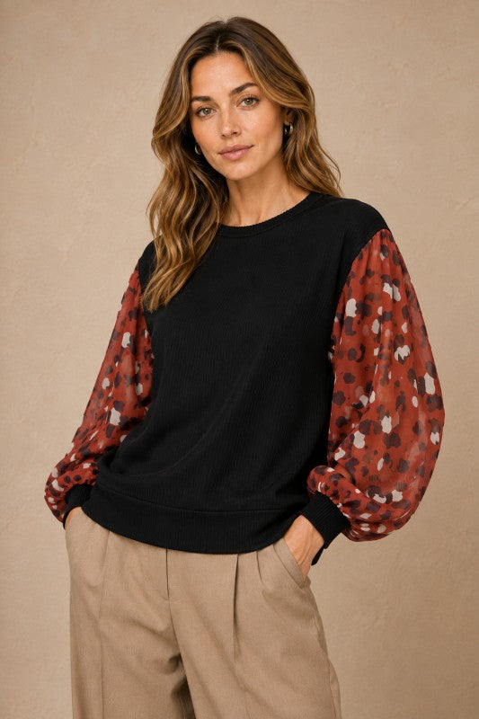 Ribbed-Knit Top with Chiffon Print Sleeves