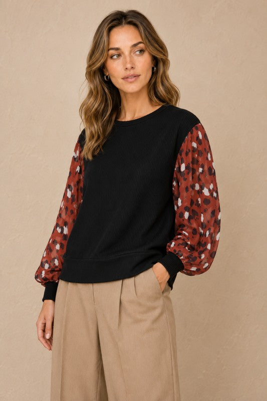 Ribbed-Knit Top with Chiffon Print Sleeves