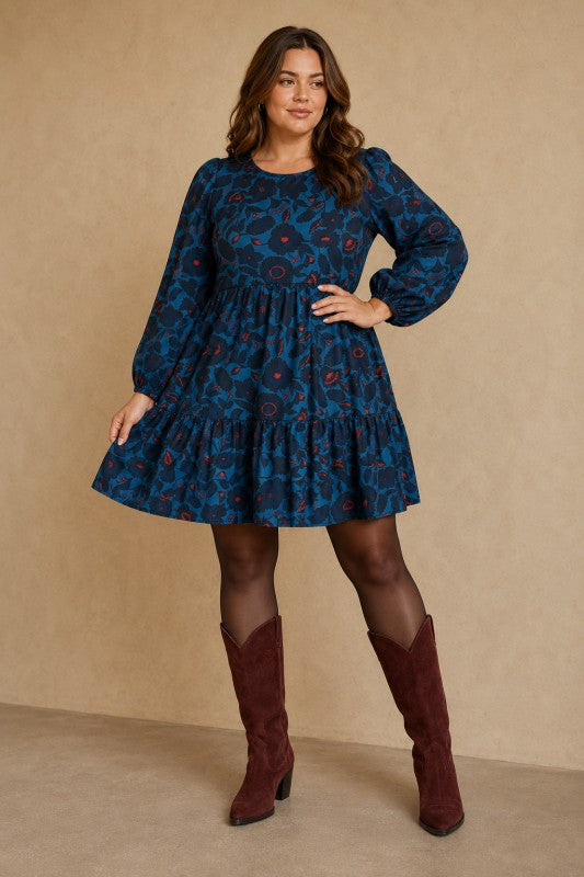 Plus Size Tiered Floral Long-Sleeve Dress