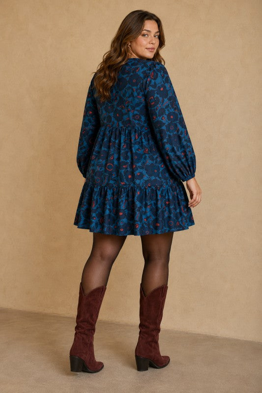 Plus Size Tiered Floral Long-Sleeve Dress