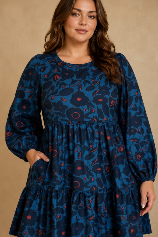 Plus Size Tiered Floral Long-Sleeve Dress