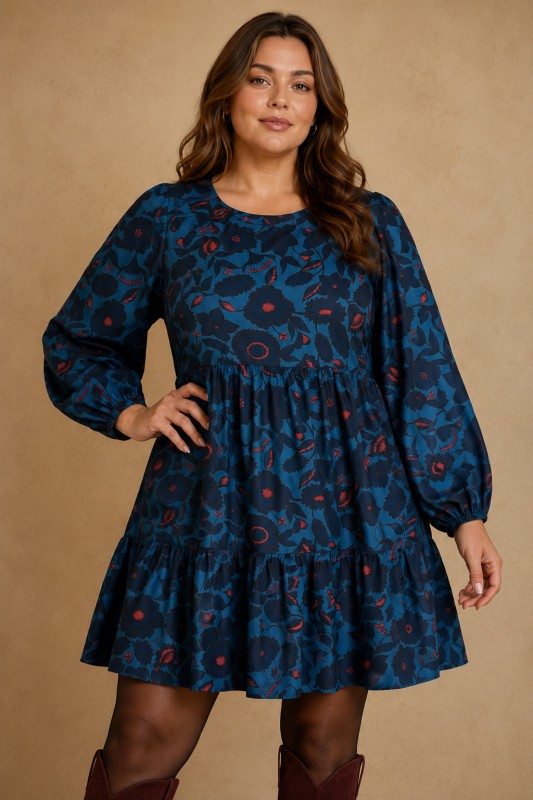 Plus Size Tiered Floral Long-Sleeve Dress