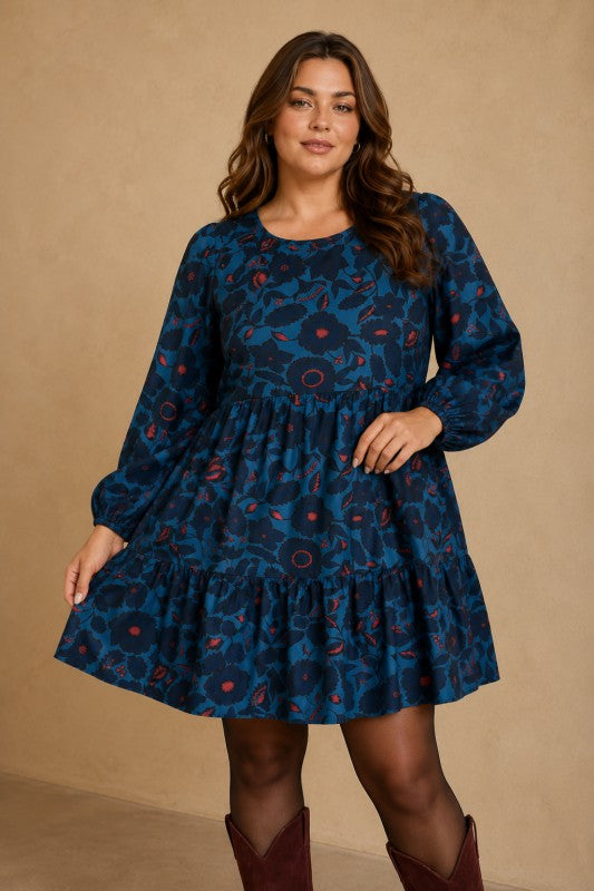 Plus Size Tiered Floral Long-Sleeve Dress