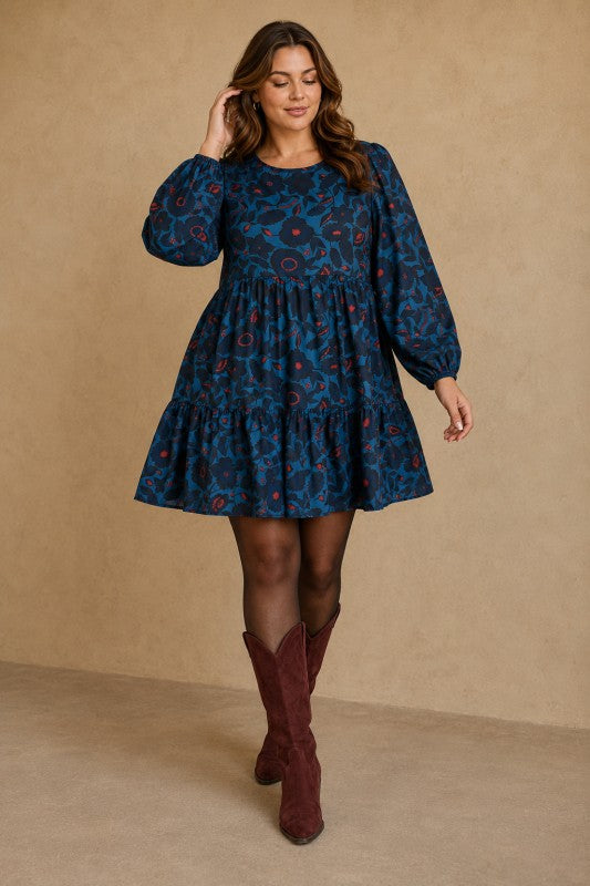Plus Size Tiered Floral Long-Sleeve Dress