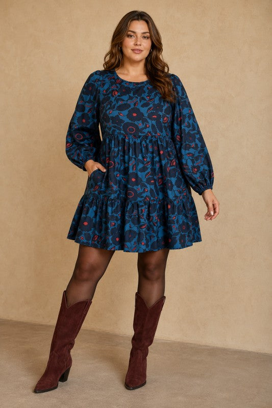 Plus Size Tiered Floral Long-Sleeve Dress