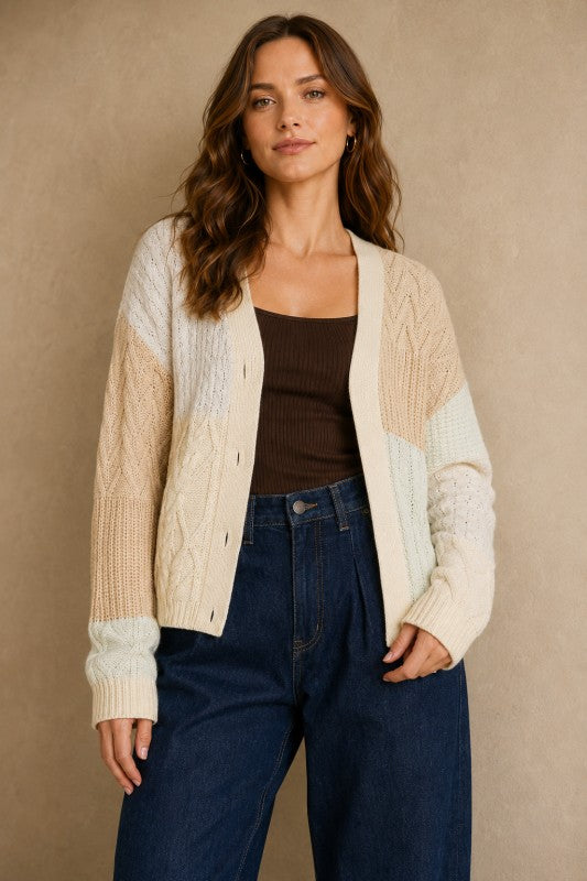 Patchwork Cable-Knit V-Neck Cardigan