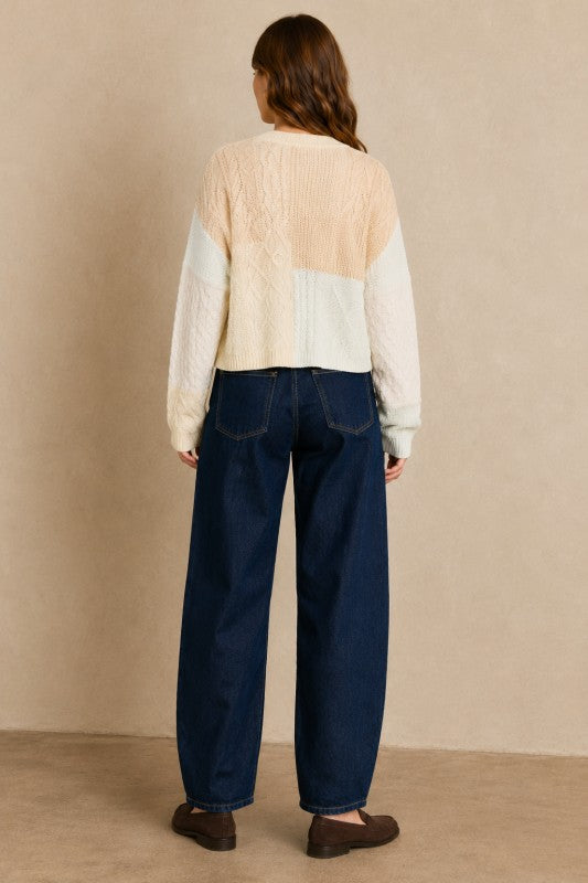 Patchwork Cable-Knit V-Neck Cardigan