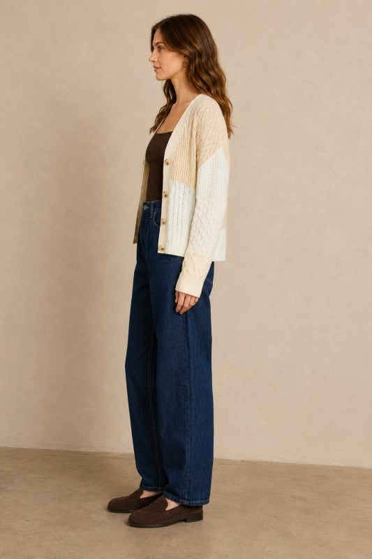 Patchwork Cable-Knit V-Neck Cardigan