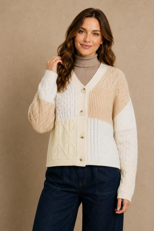 Patchwork Cable-Knit V-Neck Cardigan