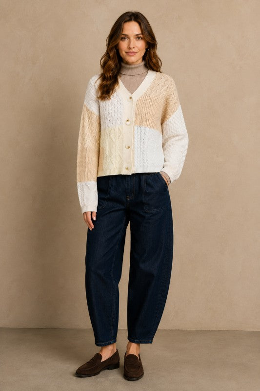 Patchwork Cable-Knit V-Neck Cardigan