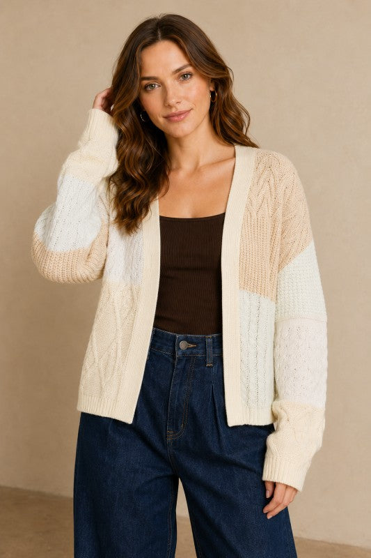 Patchwork Cable-Knit V-Neck Cardigan
