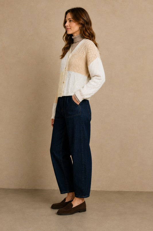 Patchwork Cable-Knit V-Neck Cardigan
