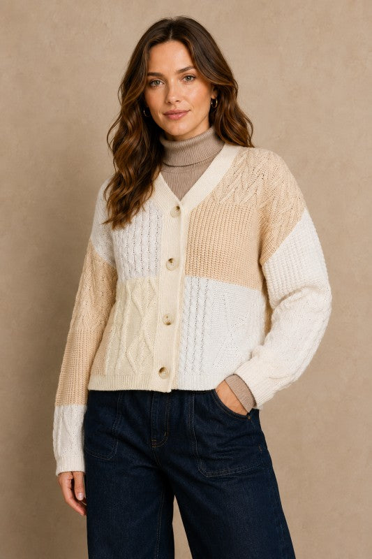 Patchwork Cable-Knit V-Neck Cardigan
