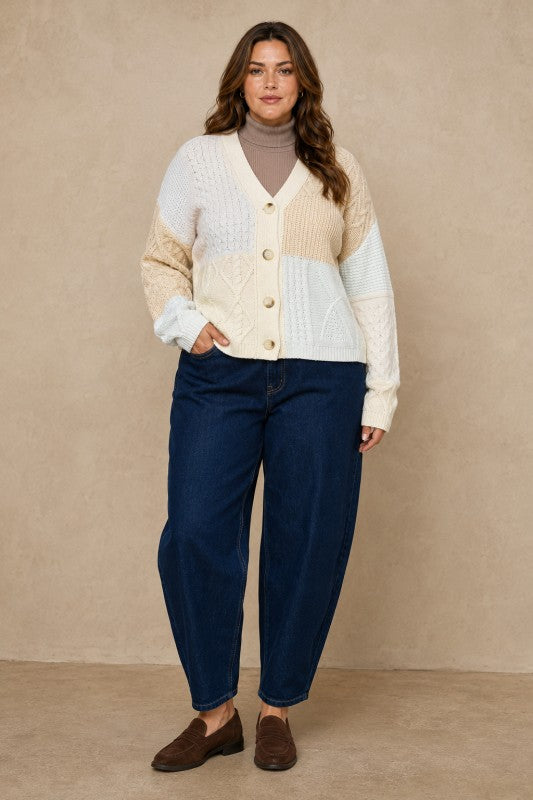 Plus Size Patchwork Cable-Knit Cardigan