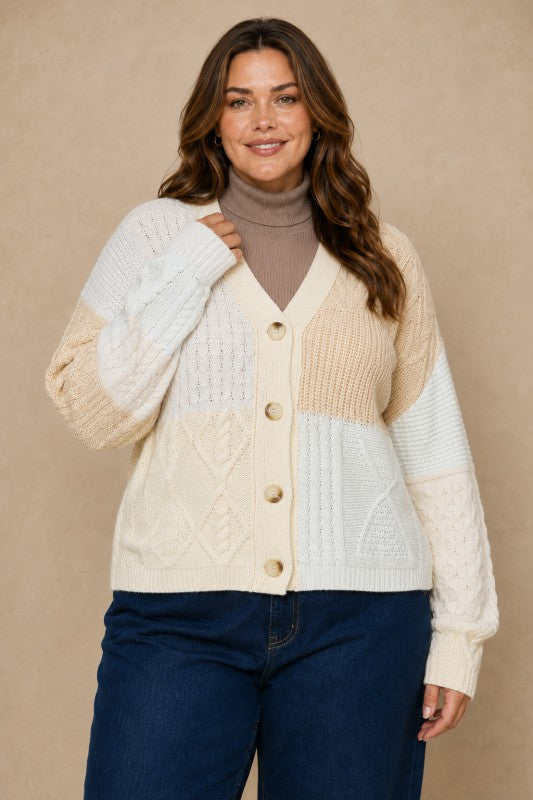 Plus Size Patchwork Cable-Knit Cardigan