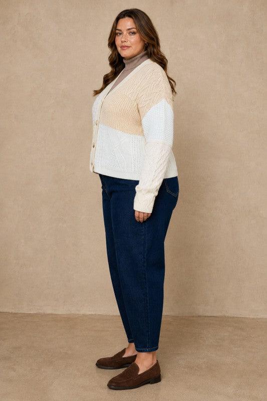Plus Size Patchwork Cable-Knit Cardigan