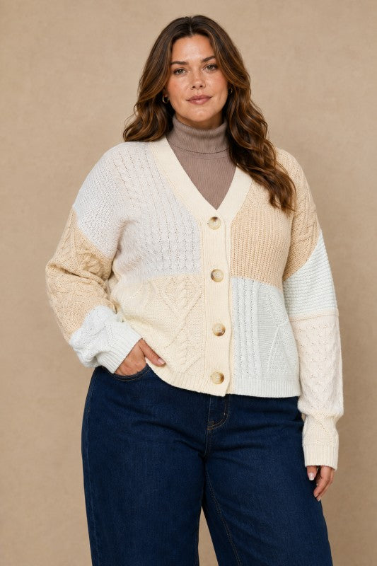 Plus Size Patchwork Cable-Knit Cardigan