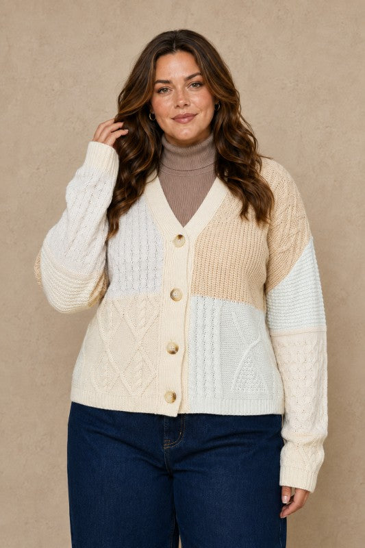 Plus Size Patchwork Cable-Knit Cardigan