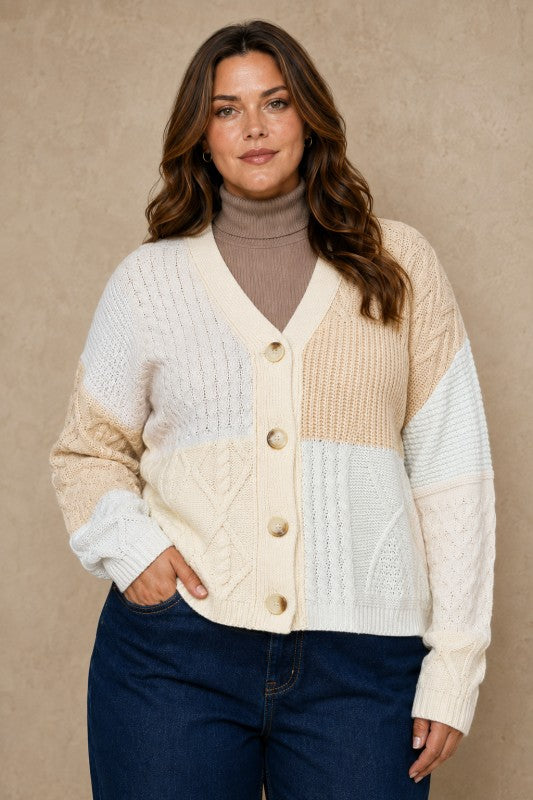 Plus Size Patchwork Cable-Knit Cardigan