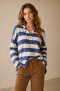 Jumbo-Stripe Soft Henley Knit Top