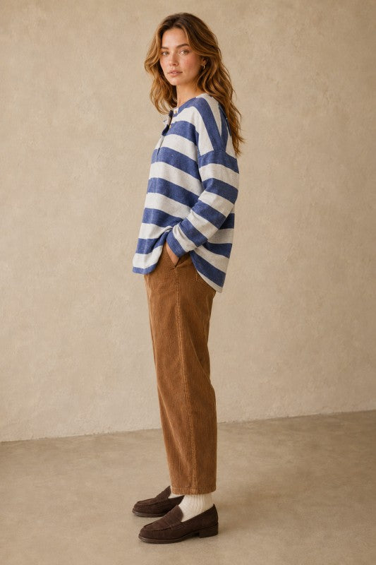 Jumbo-Stripe Soft Henley Knit Top