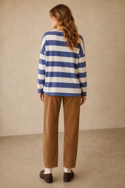 Jumbo-Stripe Soft Henley Knit Top