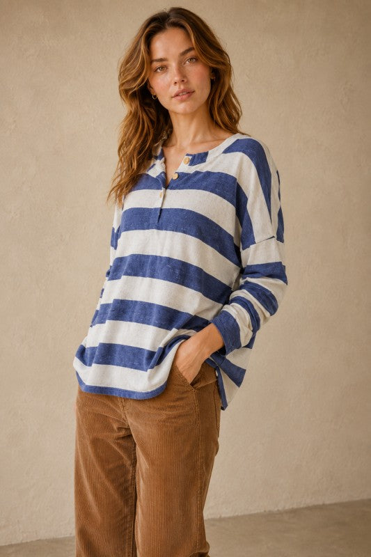 Jumbo-Stripe Soft Henley Knit Top