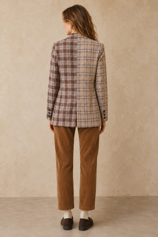 Two-Tone Plaid Double-Breasted Blazer