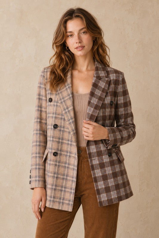 Two-Tone Plaid Double-Breasted Blazer