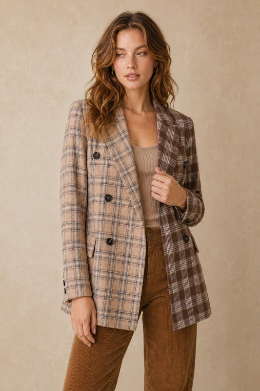 Two-Tone Plaid Double-Breasted Blazer