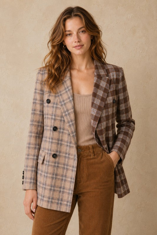 Two-Tone Plaid Double-Breasted Blazer