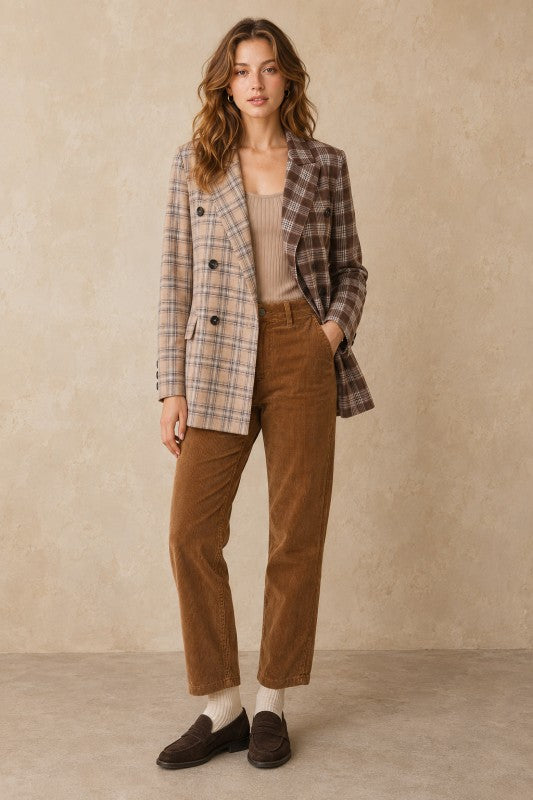 Two-Tone Plaid Double-Breasted Blazer