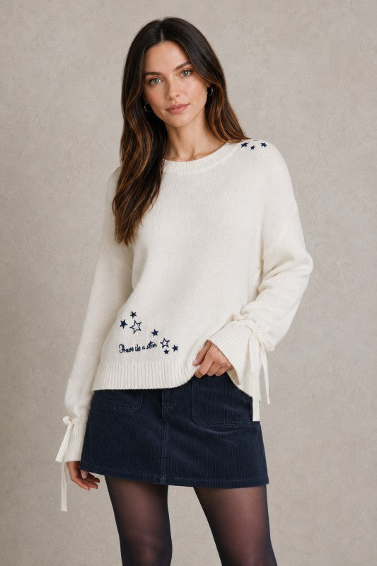 Star Embroidered Ribbed-Hem Sweater