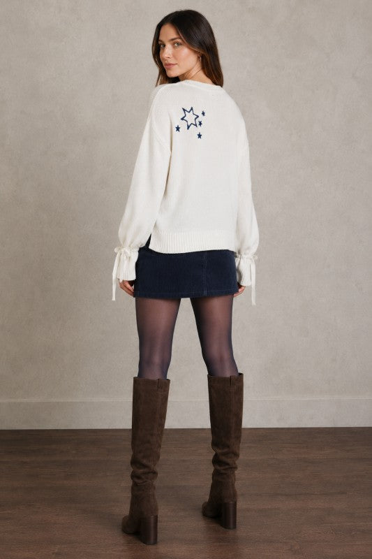 Star Embroidered Ribbed-Hem Sweater