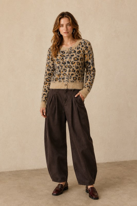 Leopard Print Fuzzy Button-Front Cardigan