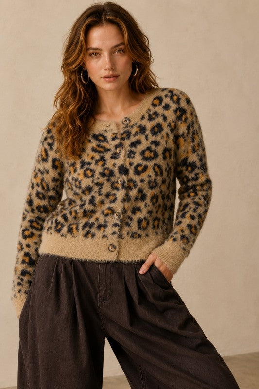 Leopard Print Fuzzy Button-Front Cardigan
