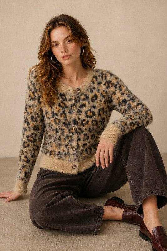 Leopard Print Fuzzy Button-Front Cardigan - Taupe