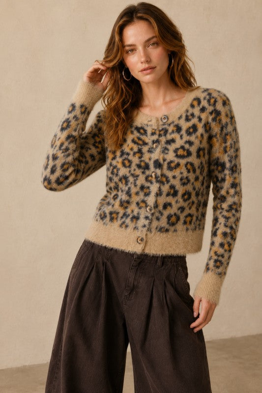 Leopard Print Fuzzy Button-Front Cardigan - Taupe