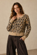 Leopard Print Fuzzy Button-Front Cardigan - Taupe