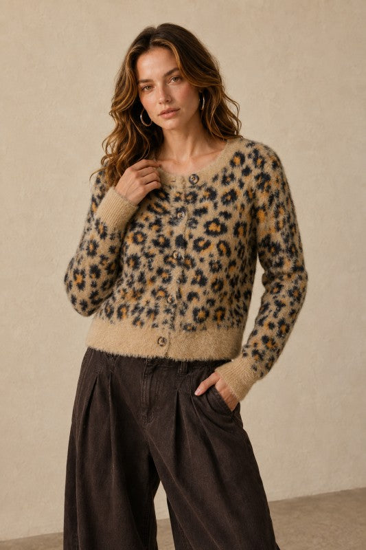 Leopard Print Fuzzy Button-Front Cardigan - Taupe