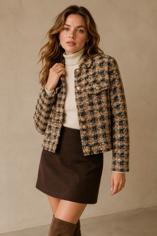 Cropped Plaid Tweed Jacket - Camel