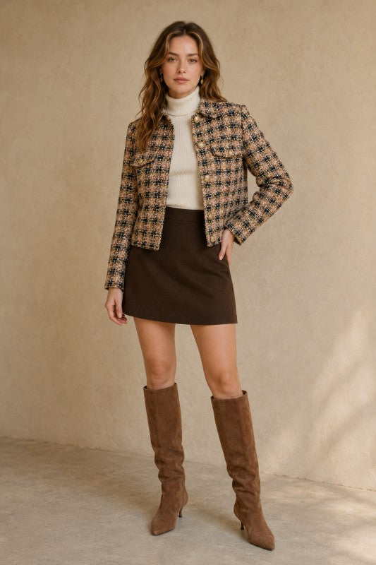 Cropped Plaid Tweed Jacket