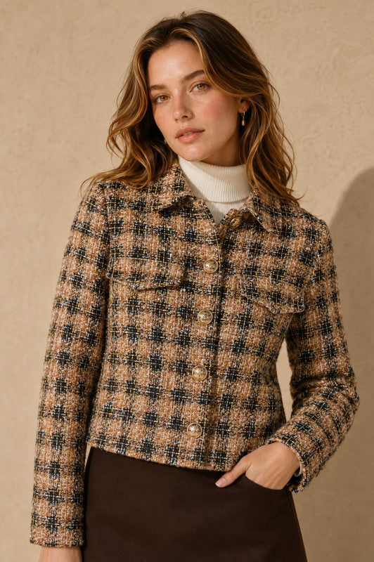 Cropped Plaid Tweed Jacket - Camel