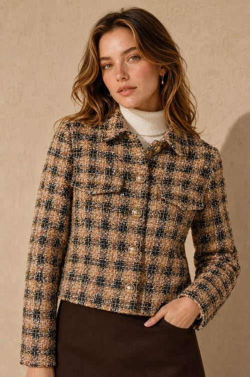 Cropped Plaid Tweed Jacket - Camel